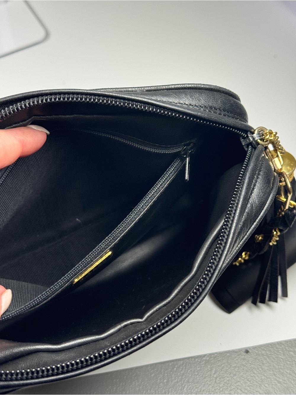 Bally Black Lambskin Quilted Crossbody with Gold Chain Tassel zipper pull - Picture 8 of 11
